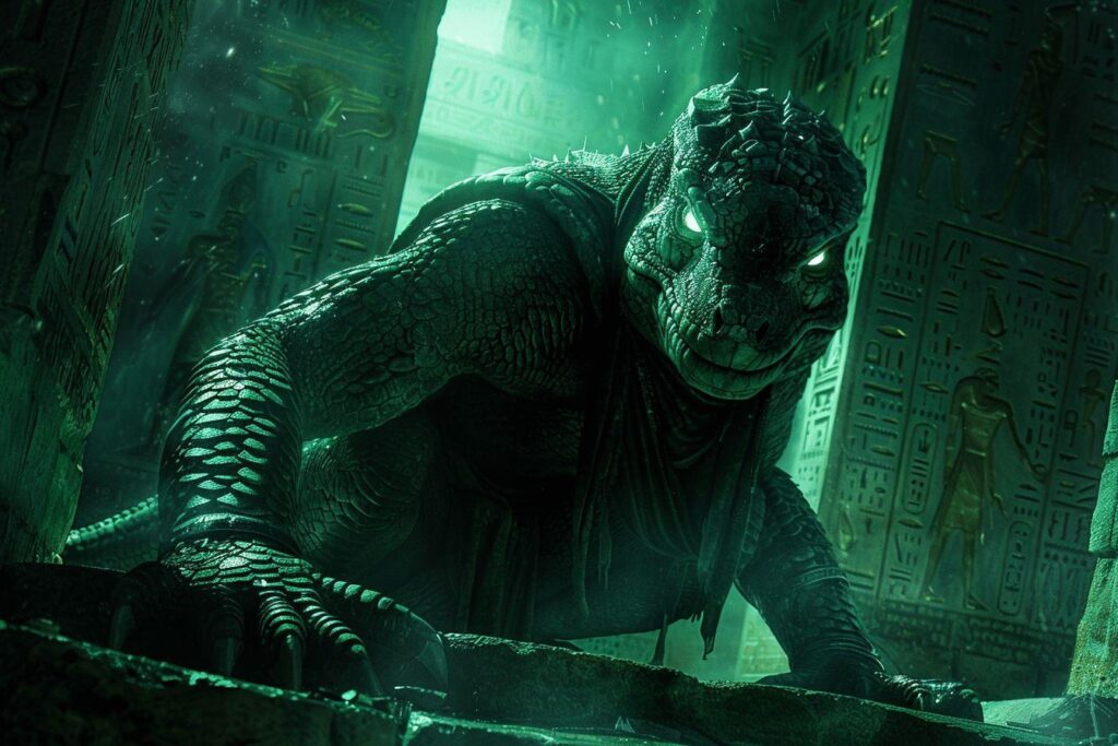 Une créature reptilienne géante et effrayante dans un environnement sombre et mystérieux