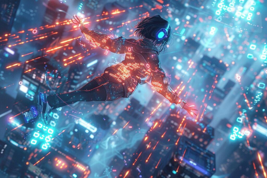 Un personnage futuriste volant dans un paysage numérique abstrait