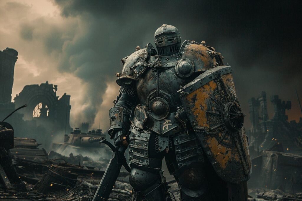 Un guerrier couvert d'armure et de débris dans un paysage apocalyptique.