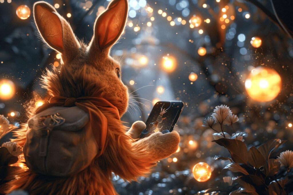 Lapin brun pelucheux photographiant un paysage enneigé avec des lumières scintillantes.