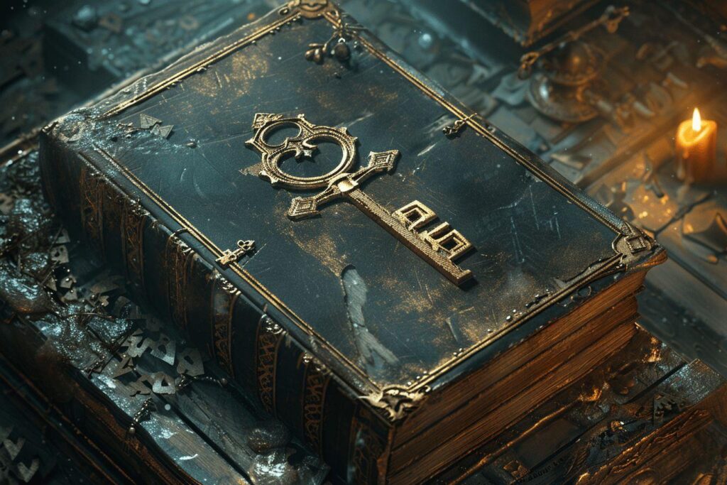 Livre ancien en cuir avec une clé ornée posé sur une surface sombre
