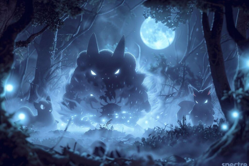 Scène nocturne fantastique avec des créatures fantomatiques dans la forêt.