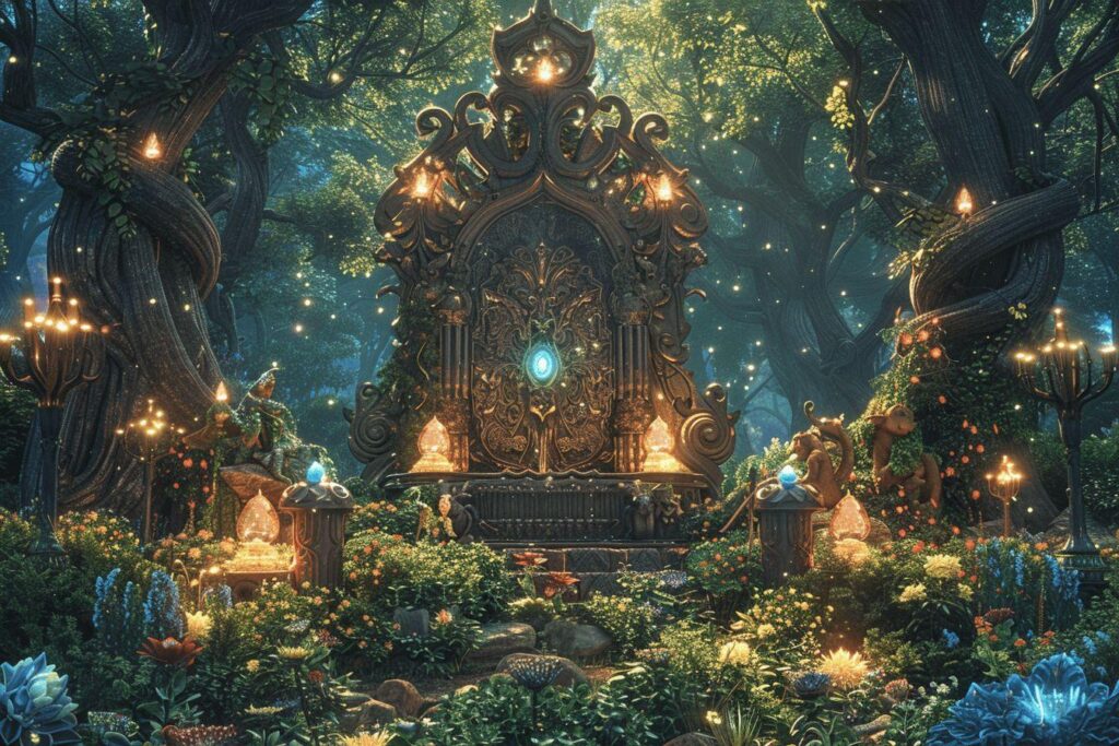 Scène fantastique enchantée avec un autel décoré et des créatures fantastiques