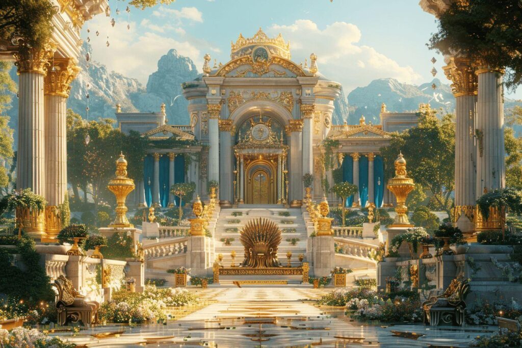 Scène de palais magnifique avec des décorations dorées et des jardins luxuriants.