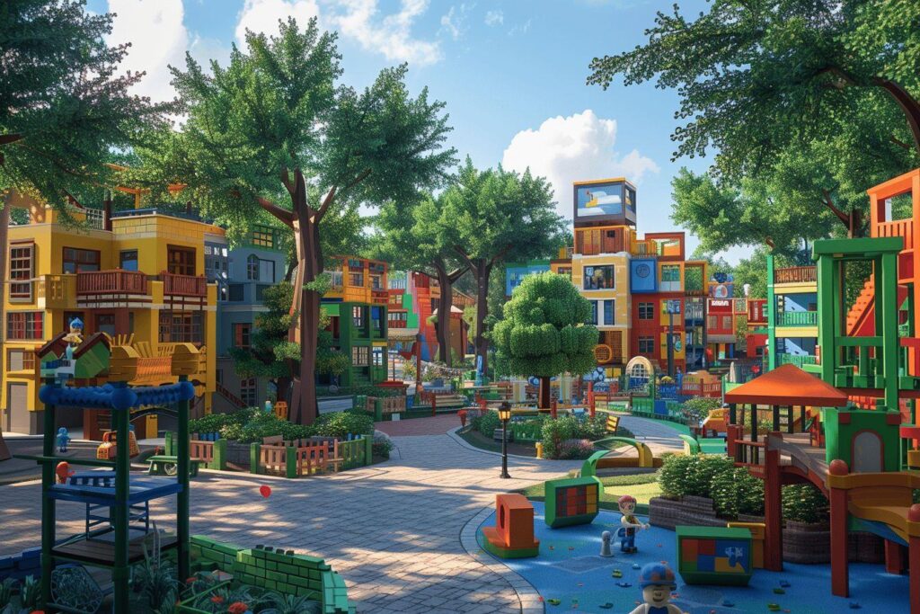 Village imaginaire coloré avec des maisons et des jeux pour enfants