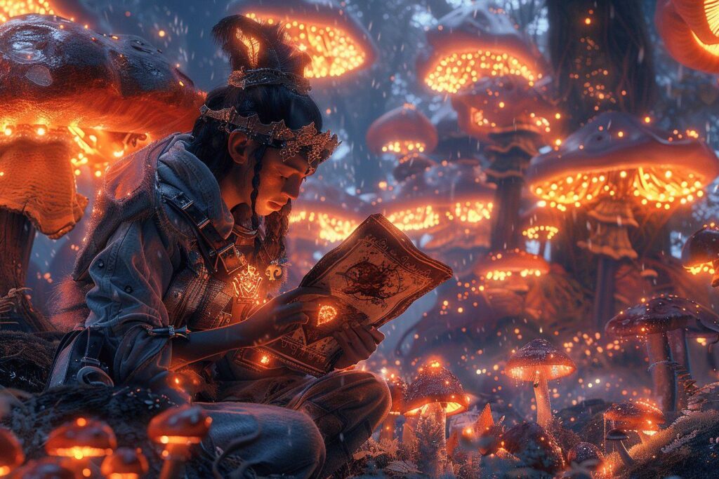 Une figure fantastique dans un monde de champignons lumineux et mystérieux