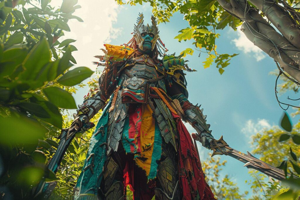 Statue de guerrier coloré dans un environnement forestier verdoyant