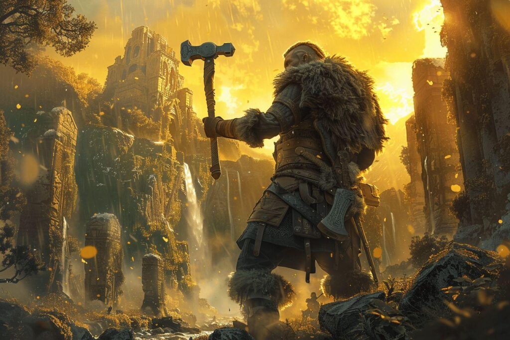 Un guerrier viking armé d'une hache se tient devant un paysage fantastique doré.