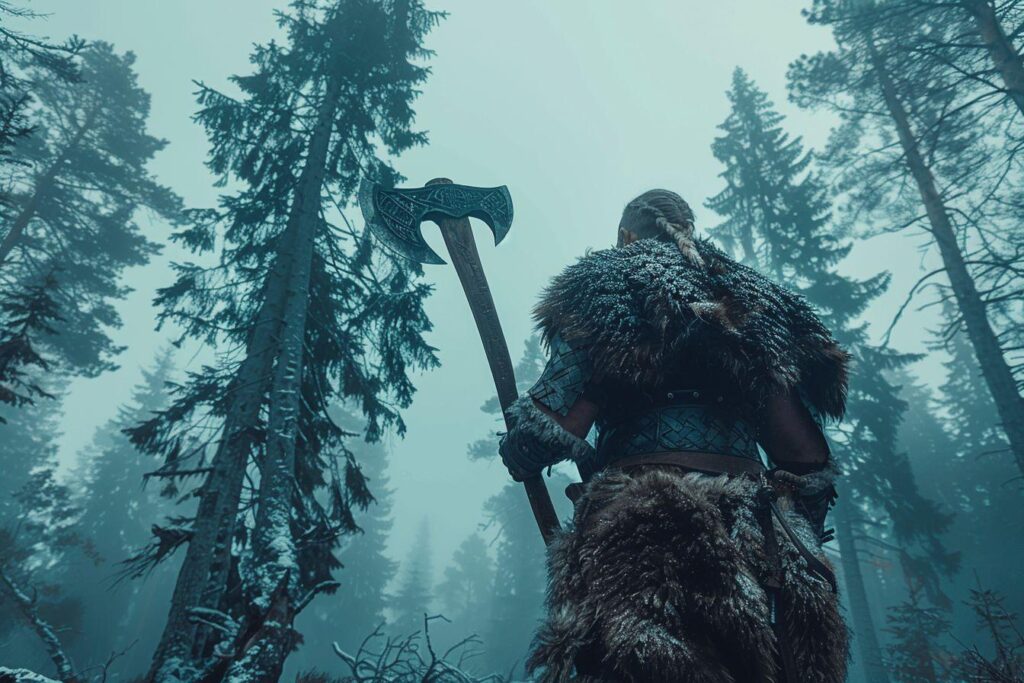 Un homme viking, recouvert de fourrure, tenant une hache dans une forêt enneigée