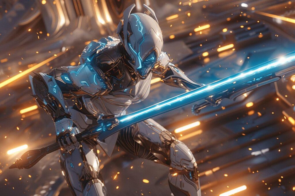 Image d'un robot de combat futuriste avec une épée lumineuse