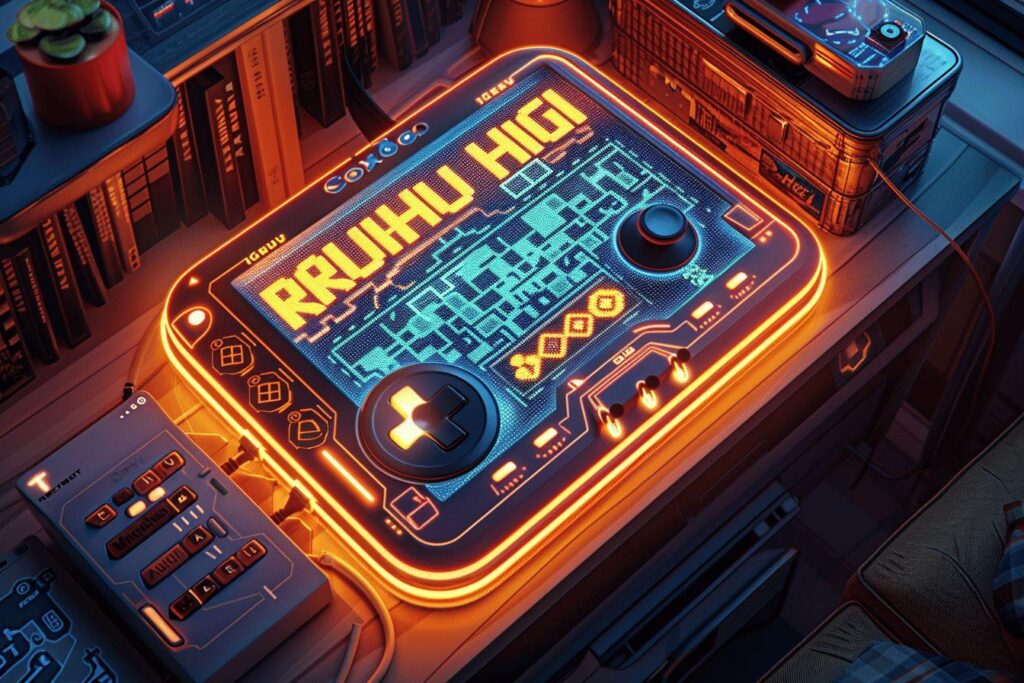 Interface de jeu électronique illuminée avec des formes et des symboles géométriques.