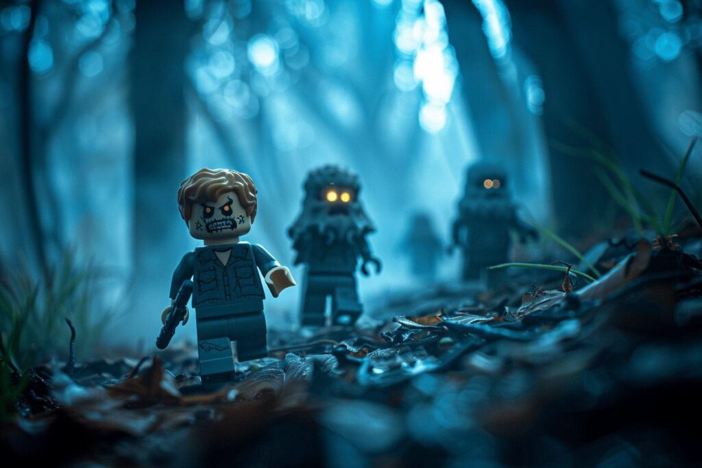Figurines Lego zombies et monstres dans une forêt sombre et brumeuse