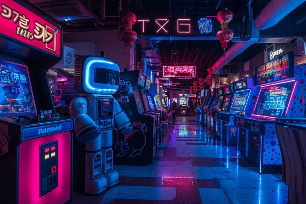 Salle d'arcade rétro-futuriste avec robot et écrans lumineux bleus et roses