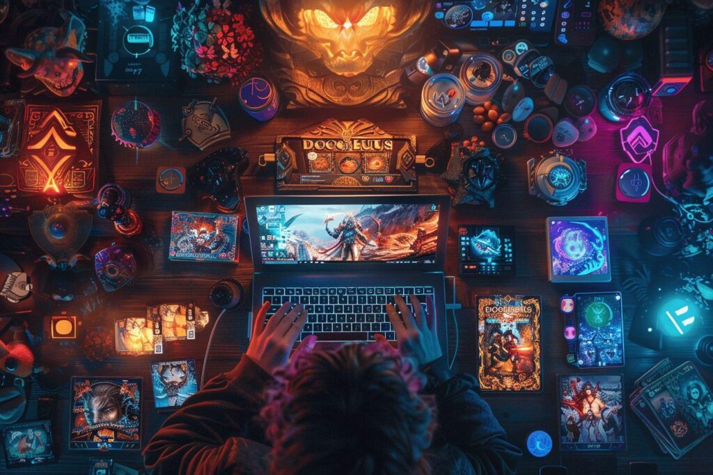 Espace de jeu lumineux avec écrans, cartes et artworks fantastiques