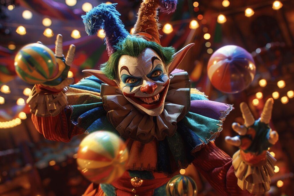 Clown effrayant avec des ballons colorés dans un décor lumineux