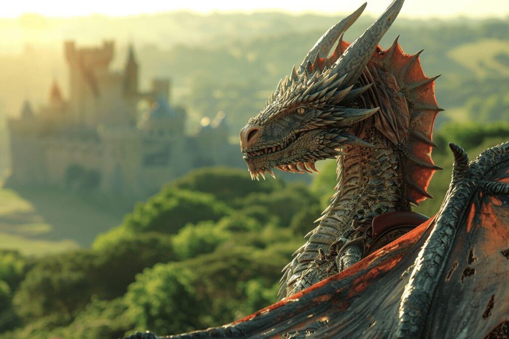 Dragon majestueux face à un château dans un paysage verdoyant