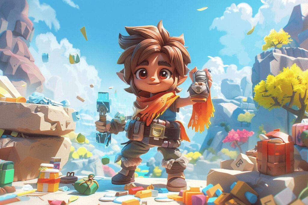 Personnage mignon avec outils devant paysage fantastique cubique