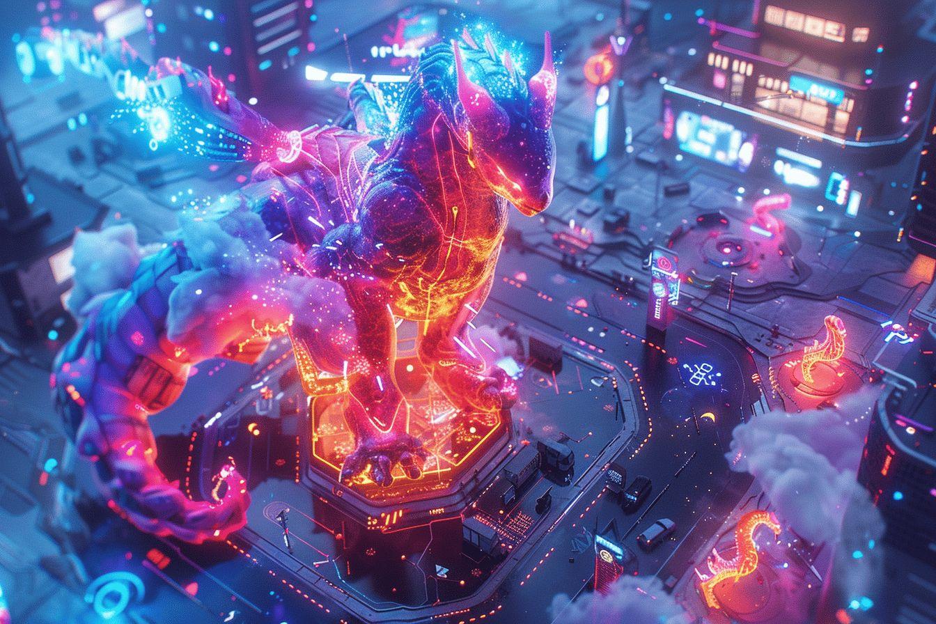 Scène de ville futuriste illuminée de lumières néon vibrantes et colorées.