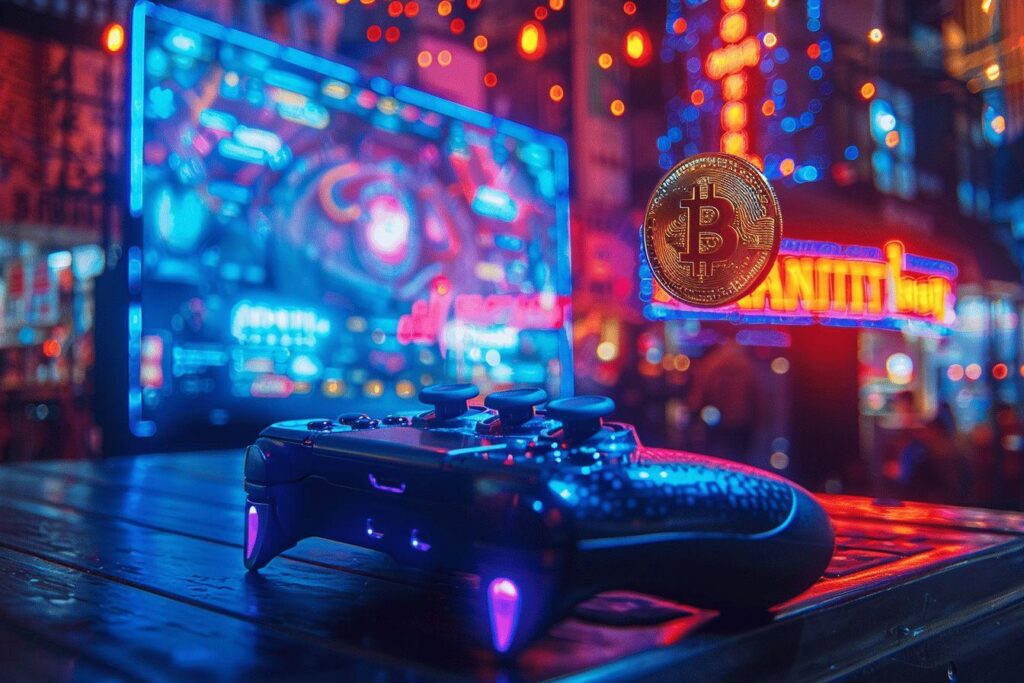 Une manette de jeu illuminée et une pièce de bitcoin sur un fond de néons colorés.