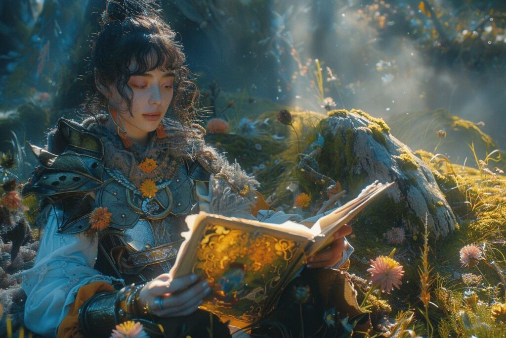 Guerrière lisant un livre magique parmi les fleurs et mousses