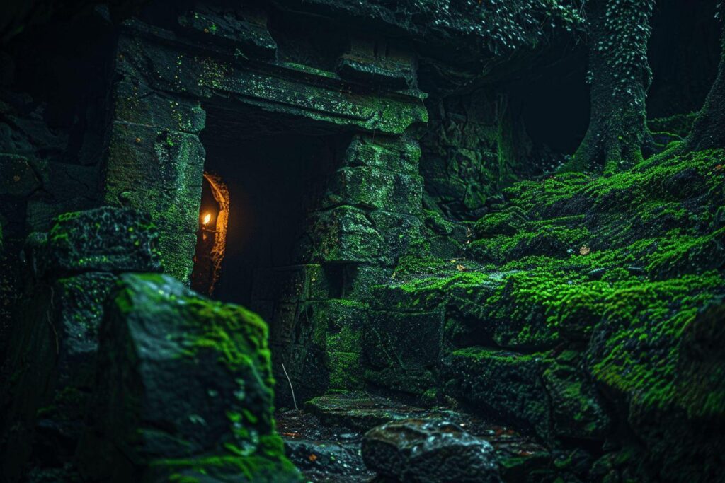 Passage de pierre couvert de mousse avec lueur orange dans l'obscurité
