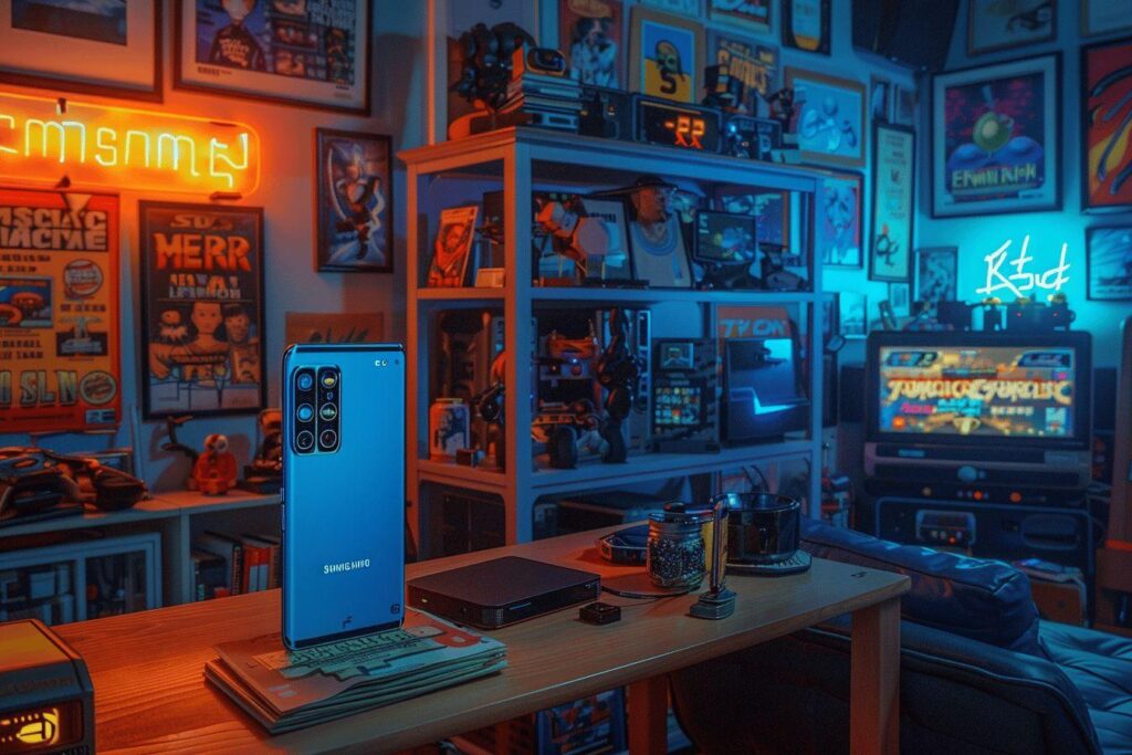 Pièce colorée et éclairée de gadgets et d'affiches de films vintage