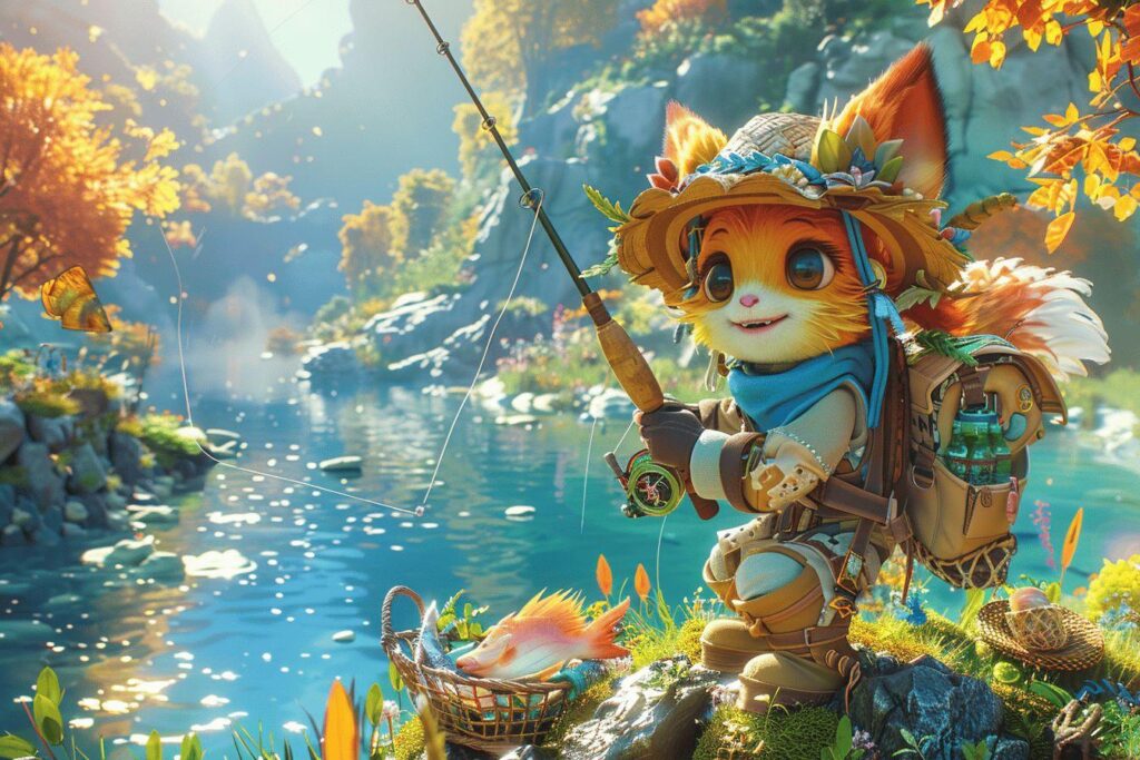 Personnage de dessin animé mignon pêchant dans un paysage d'automne