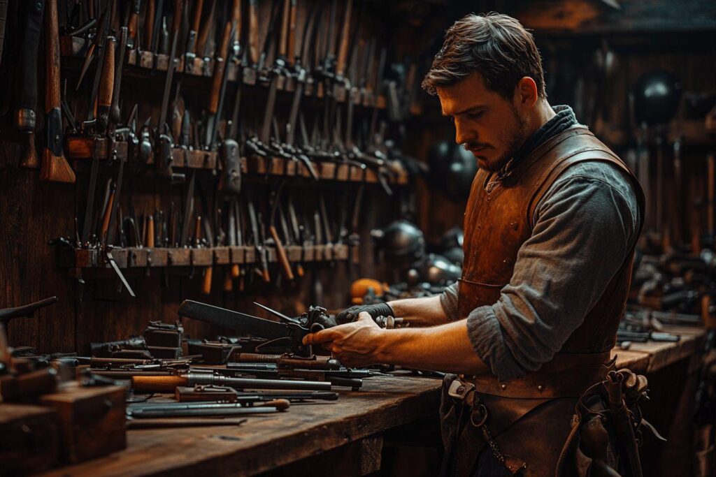 Ouvrier concentré réparant des outils métalliques sur établi
