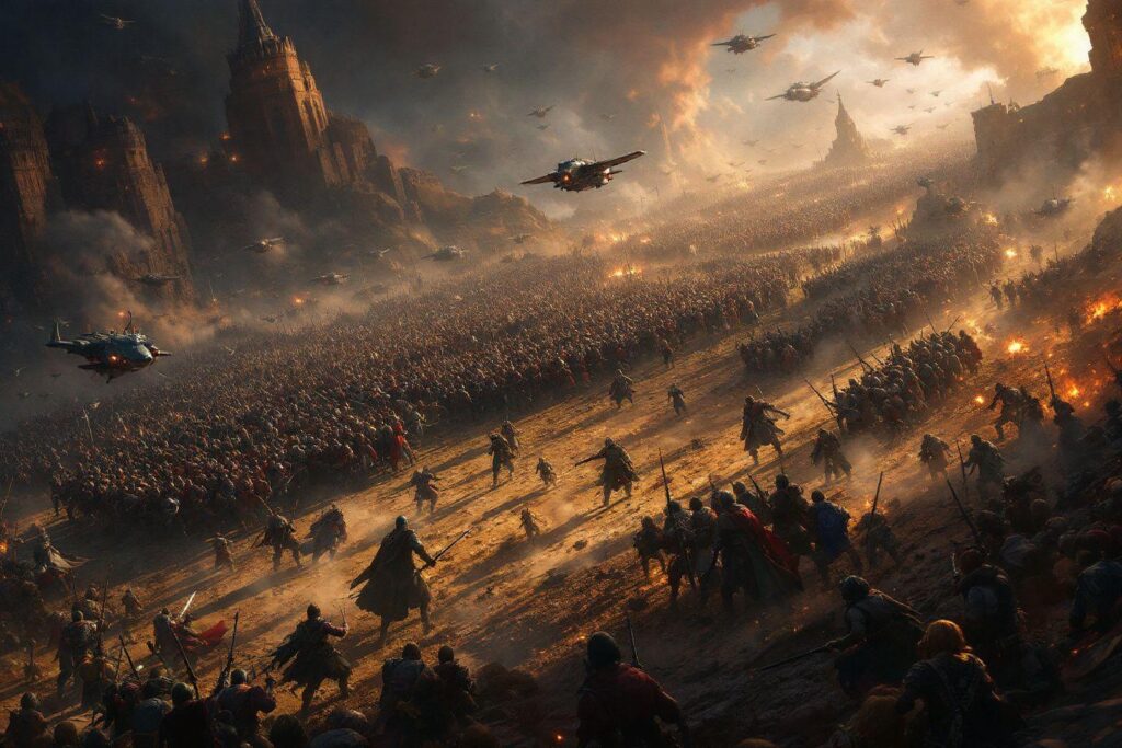 Armée massive combattant avec des vaisseaux spatiaux dans un paysage apocalyptique