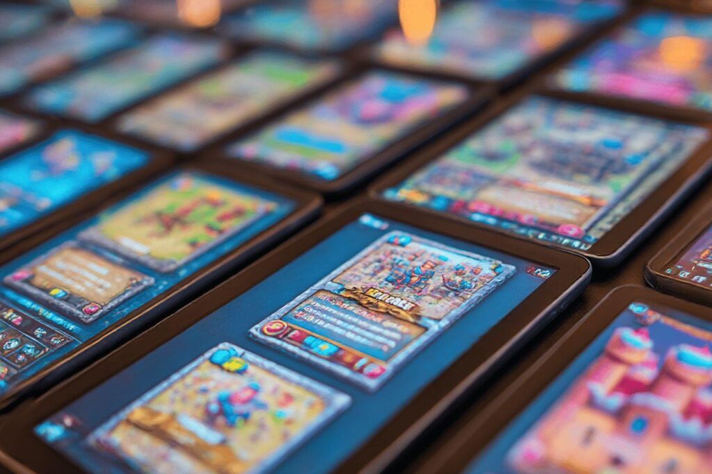 Plusieurs tablettes affichant des cartes de jeu colorées