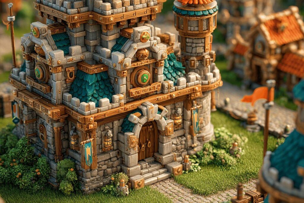 Château en pierre et bois détaillé sur terrain verdoyant