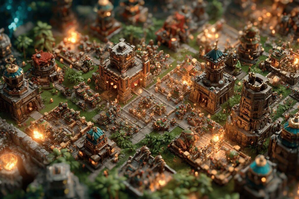 Vue détaillée d'une ville fantastique avec bâtiments et flammes