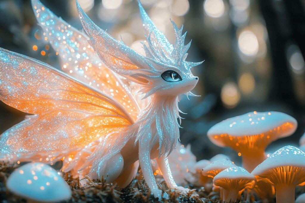 Petit dragon brillant parmi des champignons magiques scintillants