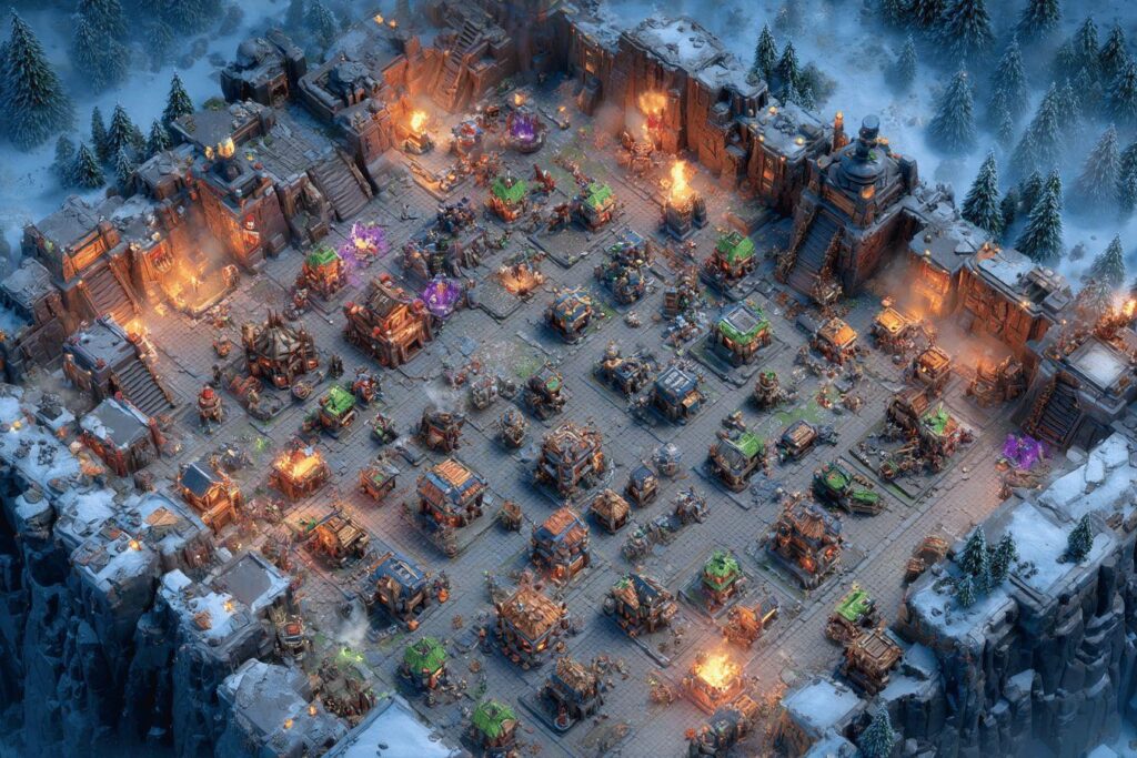 Vue aérienne d'une base médiévale enneigée avec bâtiments en feu