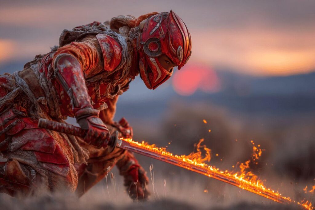 Personnage blindé avec épée de feu au crépuscule
