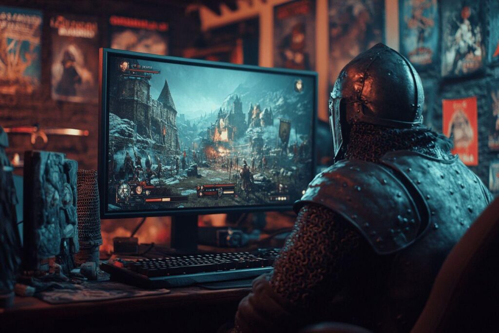 Personnage en armure jouant à un jeu vidéo médiéval