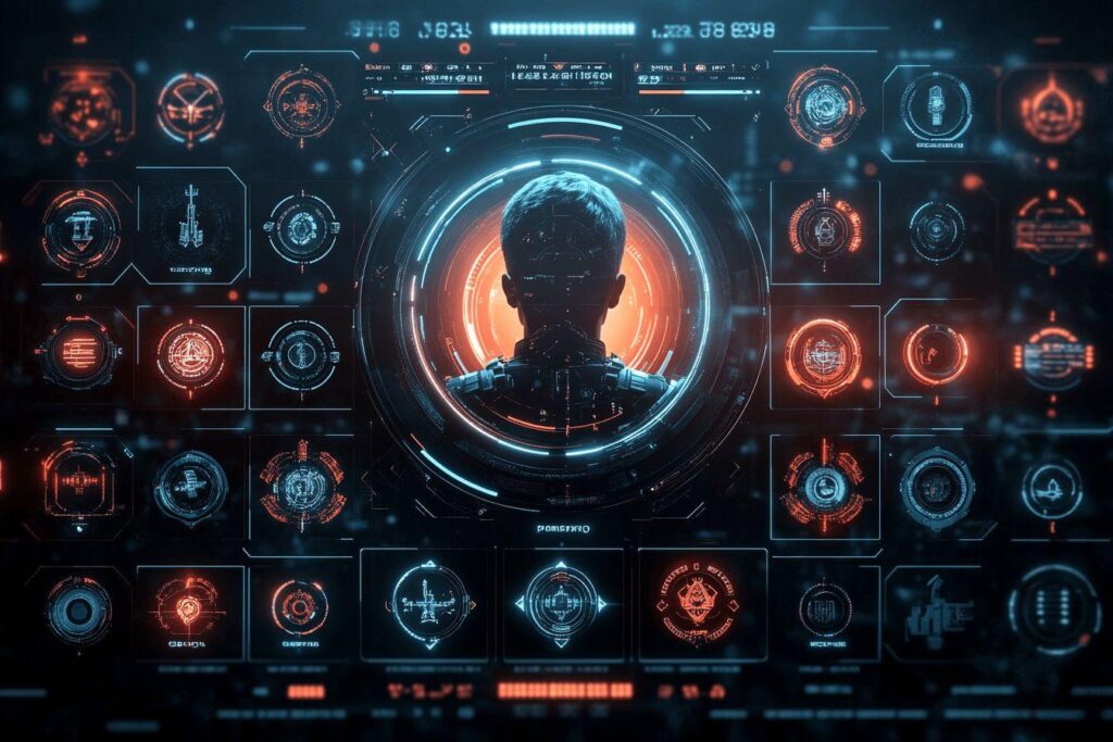 Écran de contrôle high-tech avec silhouette numérique et hologrammes