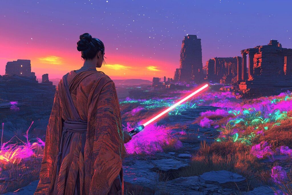 Personnage à cape avec sabre laser dans un paysage futuriste coloré