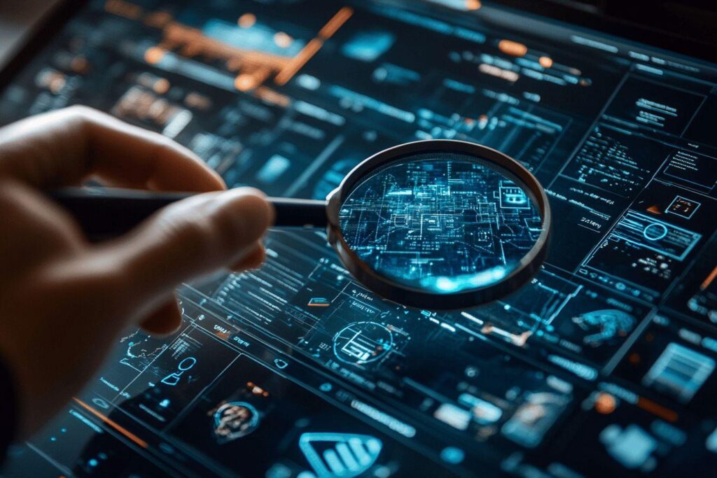 Main tenant une loupe sur un écran d'interface futuriste