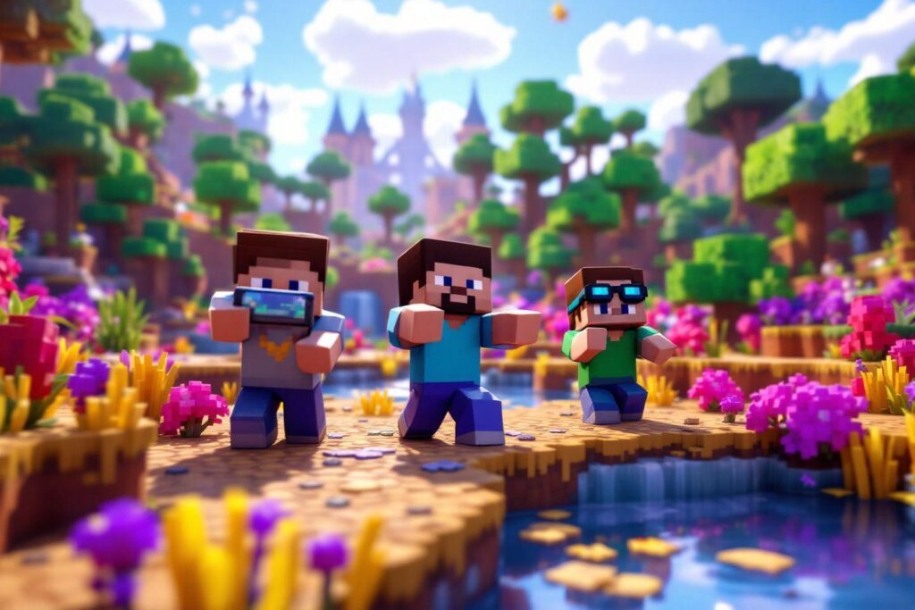 Trois personnages Minecraft devant un paysage fleuri et verdoyant