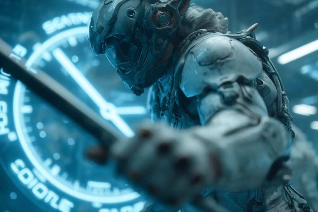 Robot métallique bleu avec équipement high-tech en gros plan