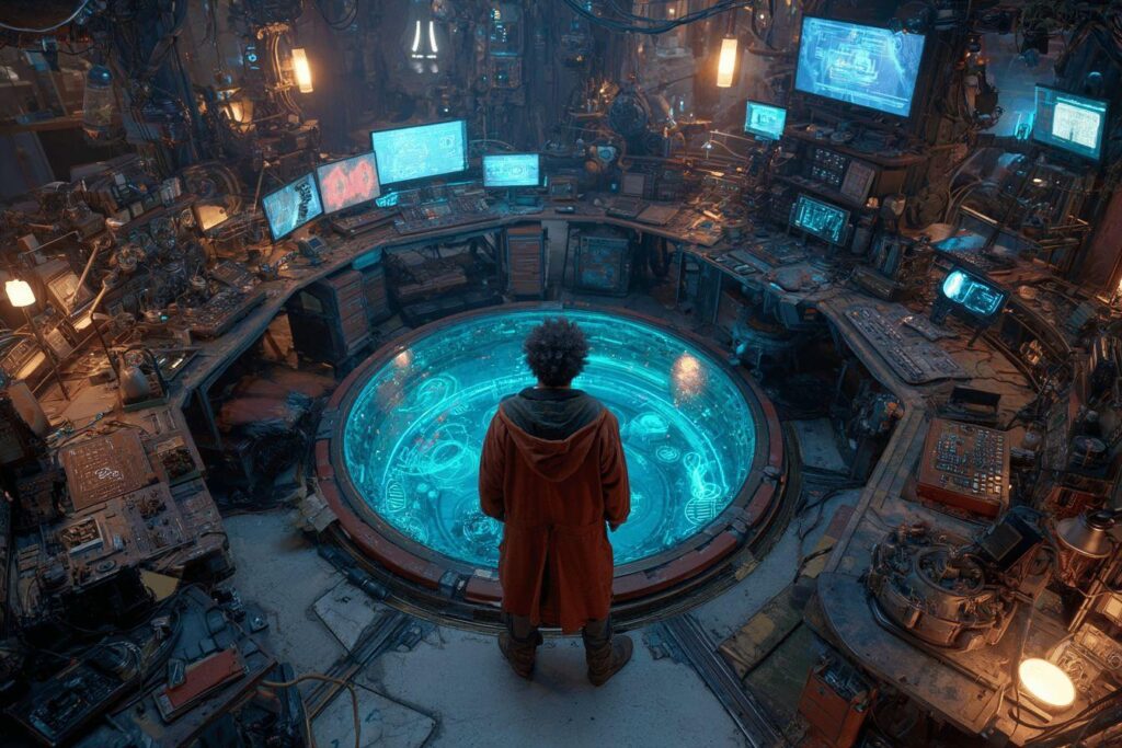 Personne dos tourné devant un hologramme bleu circulaire