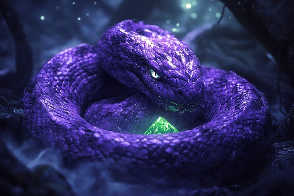 Serpent mystérieux violet enroulé autour d'une gemme verte brillante