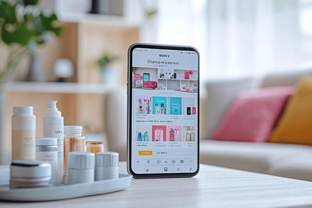 Écran Sony affichant des produits de beauté près de flacons