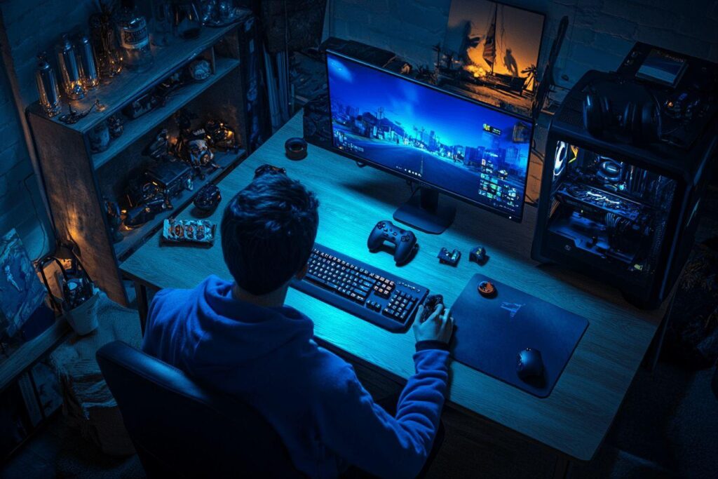 Joueur dans une pièce sombre devant un écran lumineux bleu