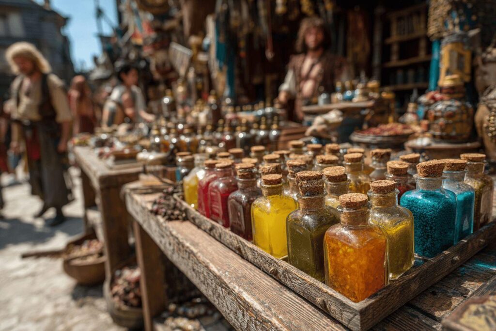 Bouteilles de verre multicolores sur un étalage de marché