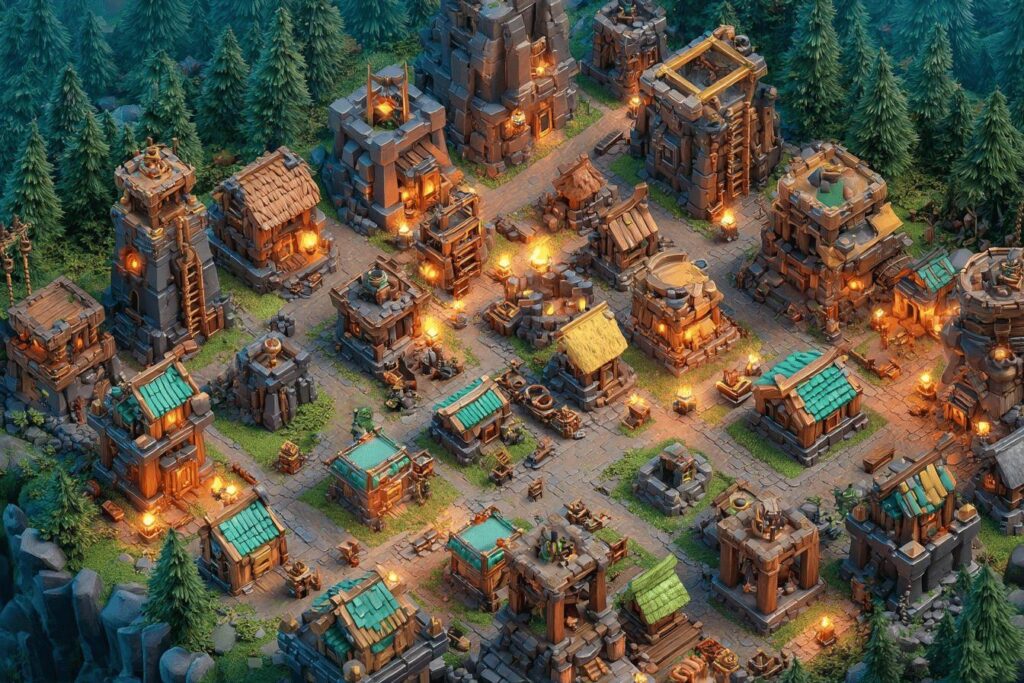 Établissement fortifié avec bâtiments en bois et torches
