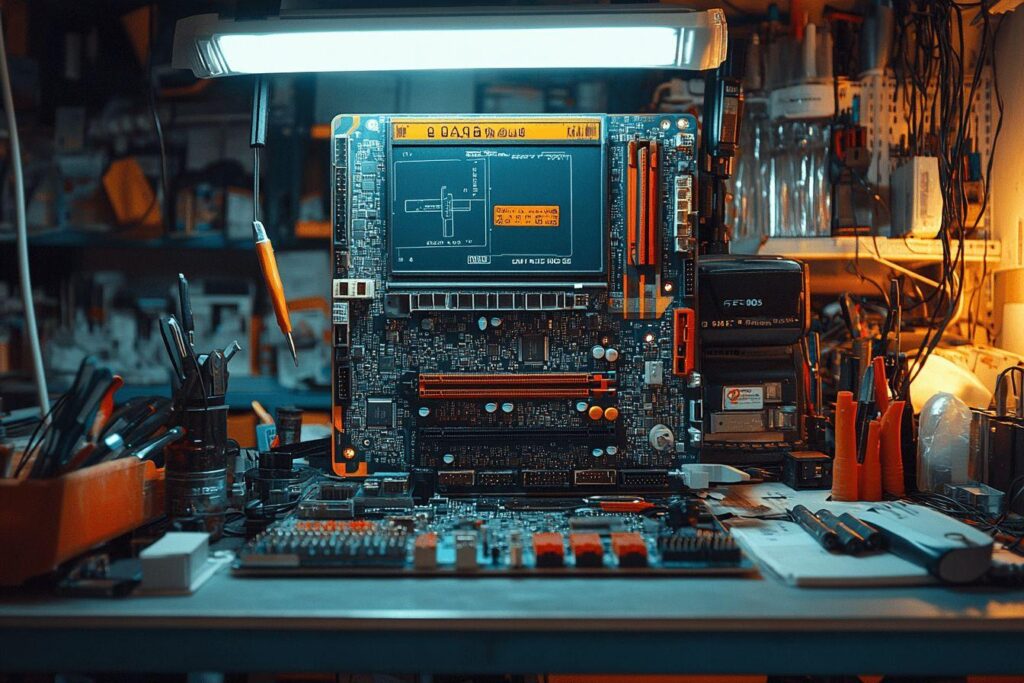 Carte mère et composants électroniques sous un éclairage technique