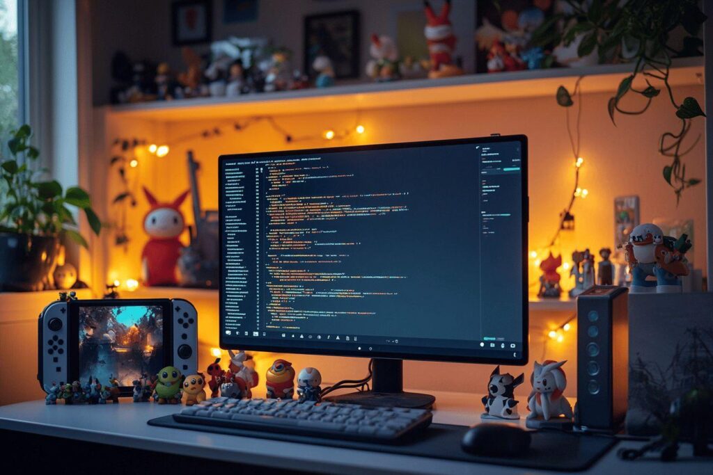 Écran de code, Nintendo Switch et figurines dans un environnement chaleureux