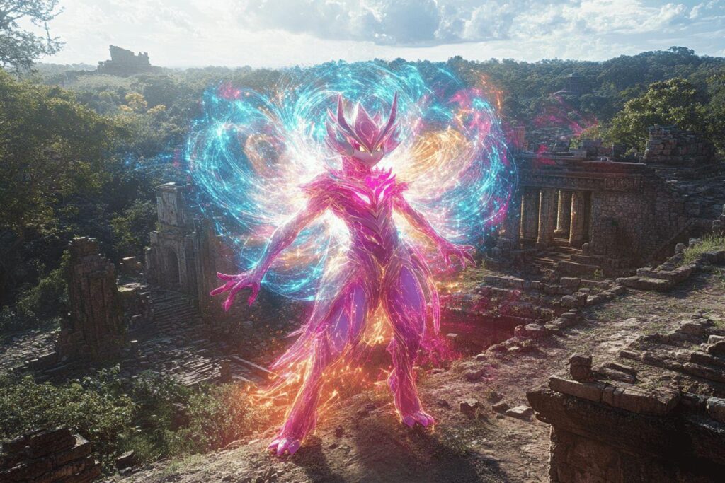Créature lumineuse rose et bleue émergeant de décombres mystiques